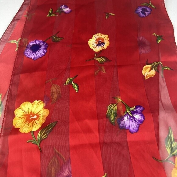 Vintage ELAINE GOLD Scarf Red Floral Poly Chiffon Rectangle Scarf 11"x 52" - Picture 6 of 10